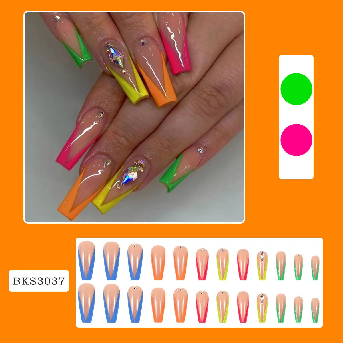 Detachable nail tip set in BKS3037 diamond colour French with cartoon, love, and cross heart patterns, shown with jelly glue and filing strip.