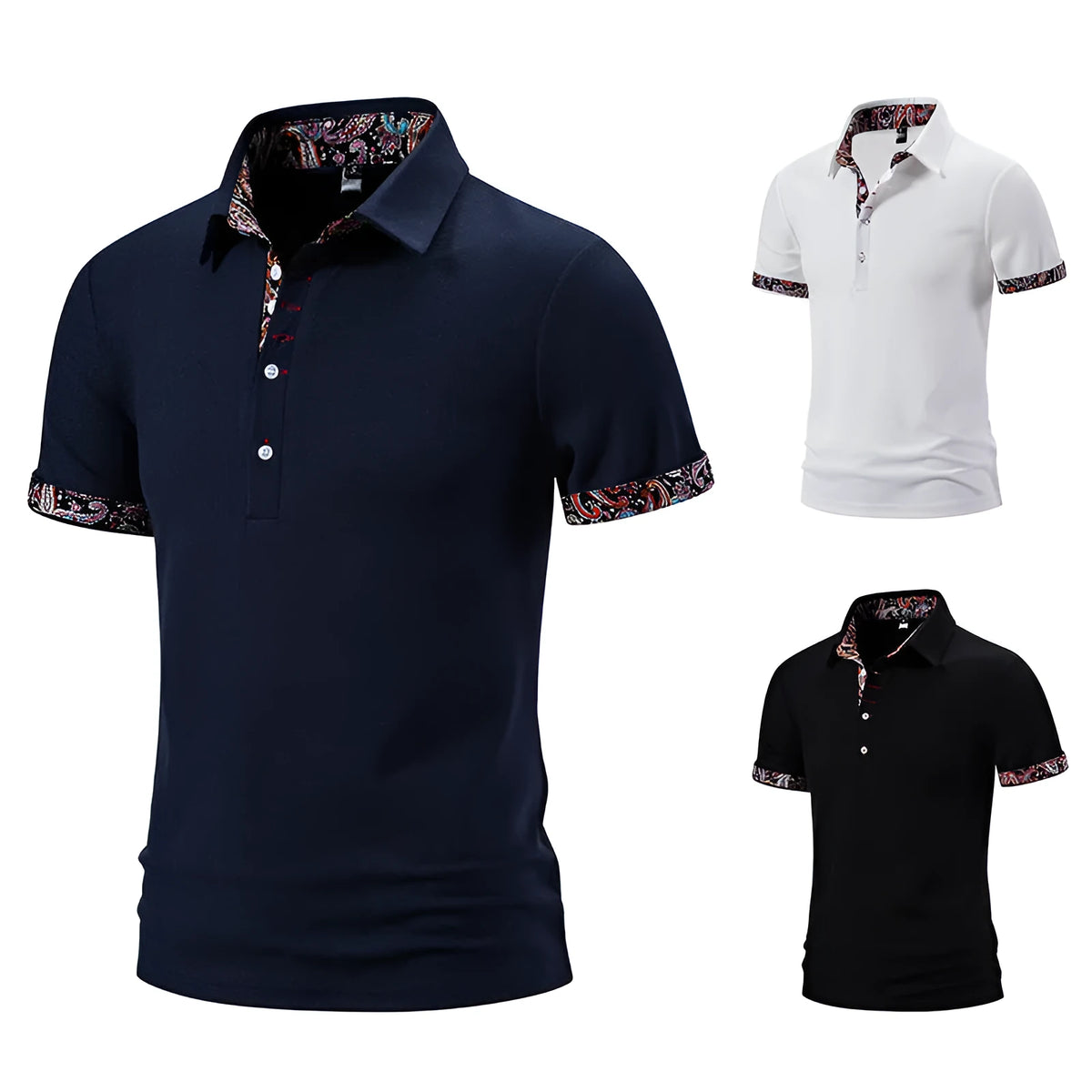 Men's cotton blend polo shirt with turnover collar and colour stitching in white, black, or navy blue.