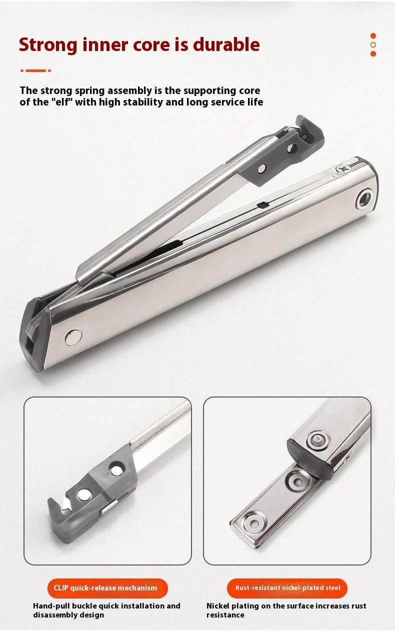 Cold rolled steel support rod for holding open a tatami cabinet's flap-up door.