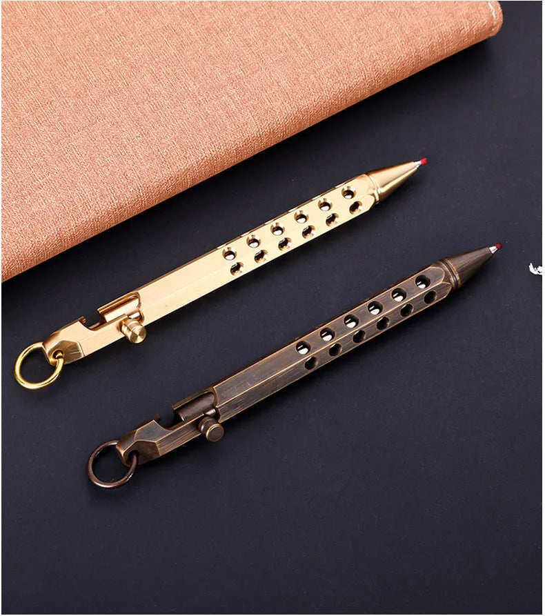 Solid brass hexagonal bolt roller pen showing its 6-angle design and 13cm length.
