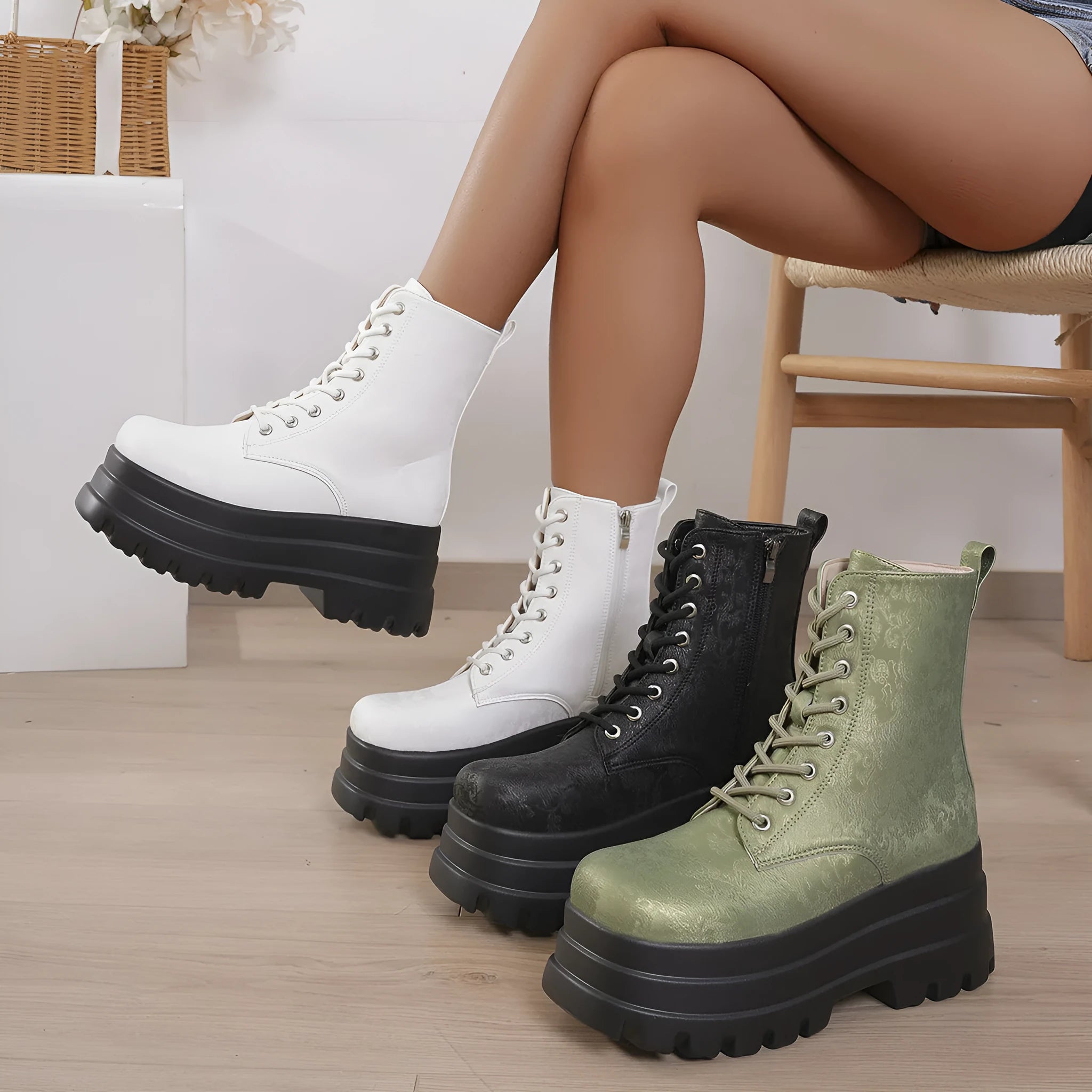 Women's white retro platform Martin boots with patchwork design and side zip.