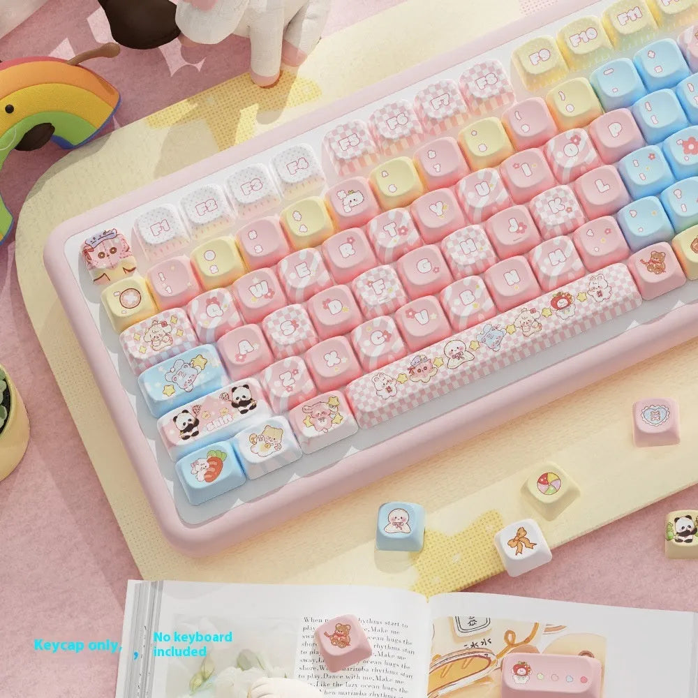 Doll-themed mechanical keyboard keycap set with sublimation dye colours showing anime character designs