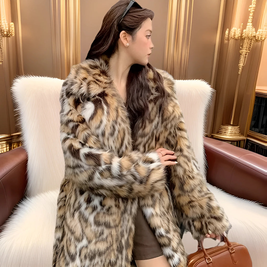 Long faux fur coat with fox print design, fur collar, and pockets in a street fashion style.