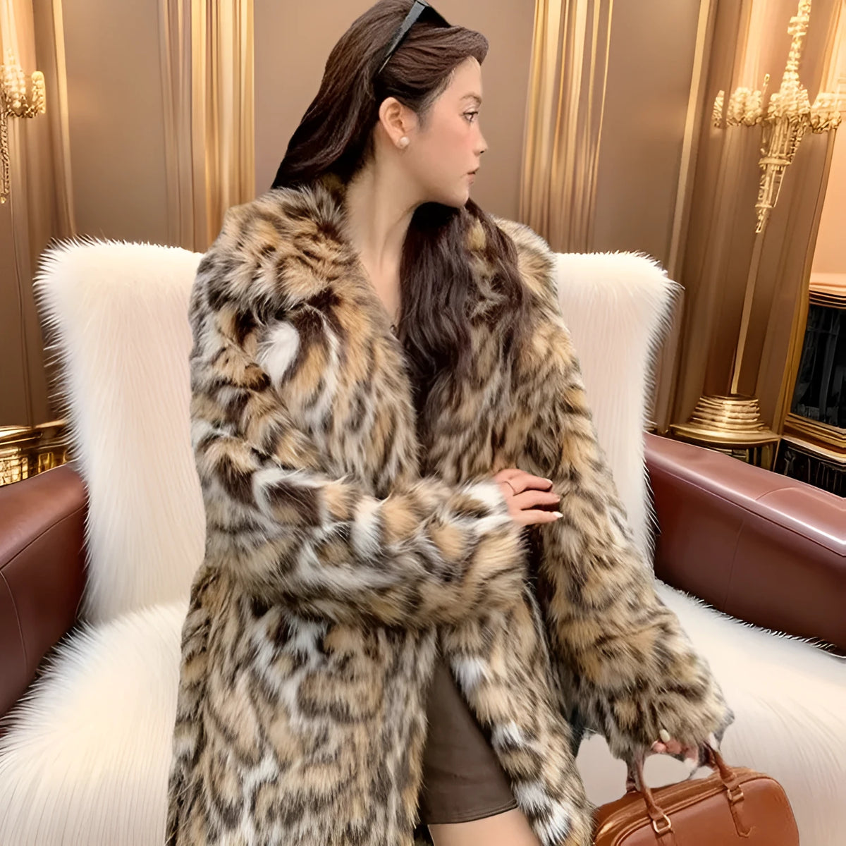 Long faux fur coat with fox print design, fur collar, and pockets in a street fashion style.