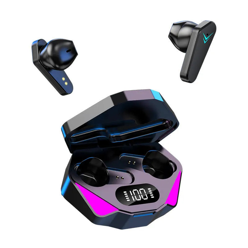 X15 wireless Bluetooth in-ear gaming headset with charging case, shown in black.