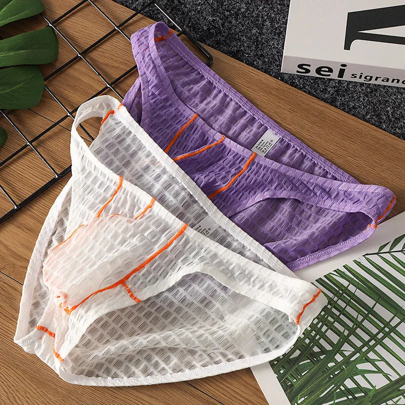 Men's low waist ice silk lace briefs in white, black, green, rose red, and light purple colours.