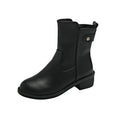 Black women's ankle boots with a side zip and round toe on a low heel.