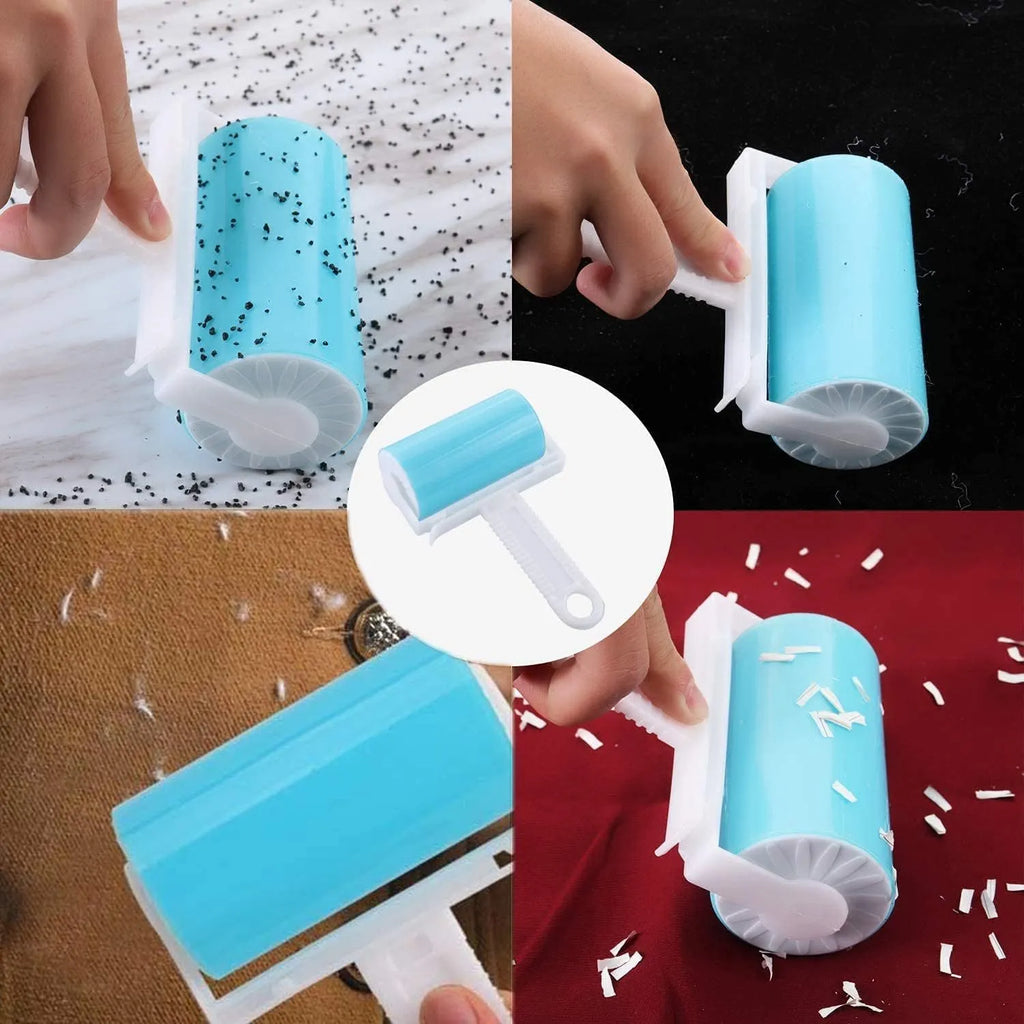 Washable reusable lint roller with cover for pet hair removal on blue background