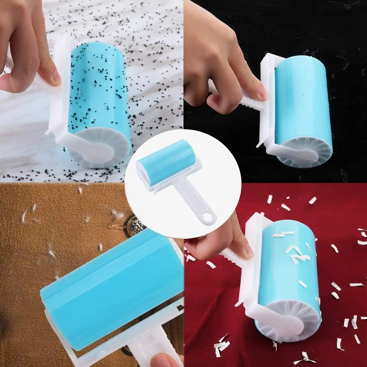 Washable reusable lint roller with cover for pet hair removal on blue background