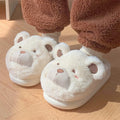 Women's cartoon patterned brown suede Baotou plush slippers with round toe.