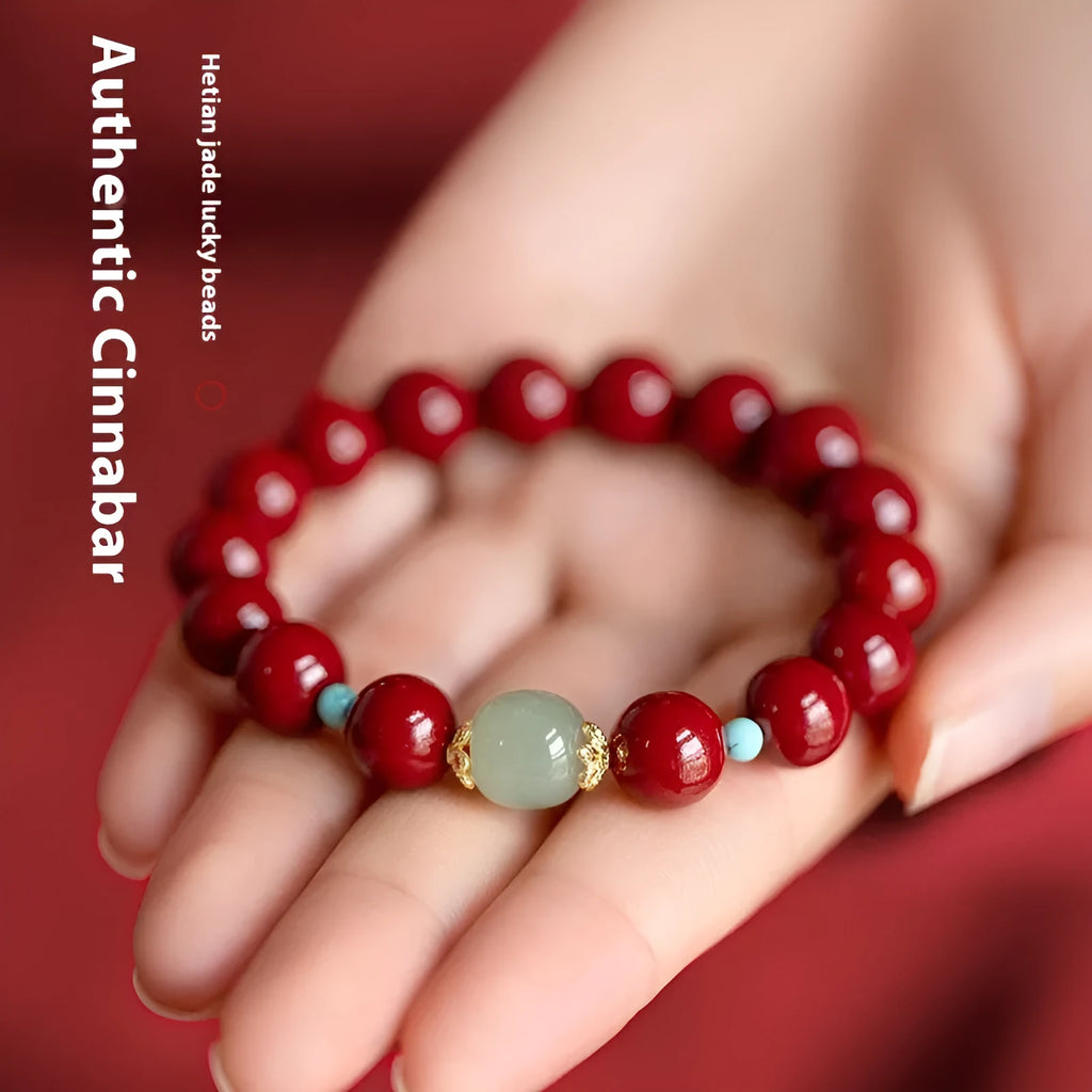 Cinnabar Hetian jade bracelet with purple gold sand finish and geometric ellipse beads in three sizes