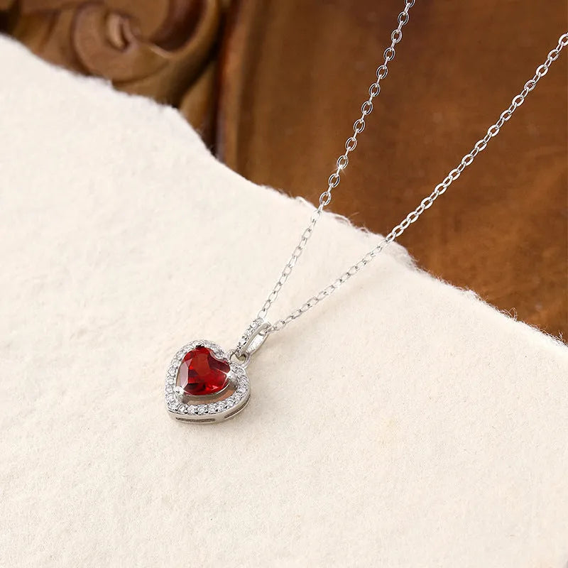 Women's sterling silver heart necklace with natural gemstone in five colour options on cross chain