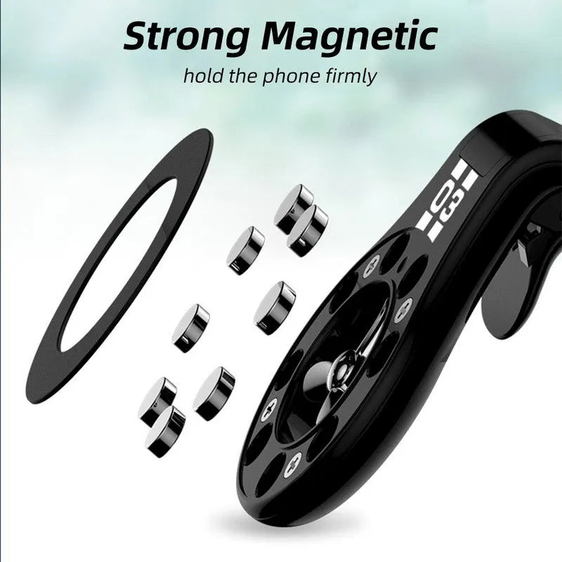 Magnetic car phone holder mounted on vehicle air vent with smartphone attached showing adjustable rotation mechanism
