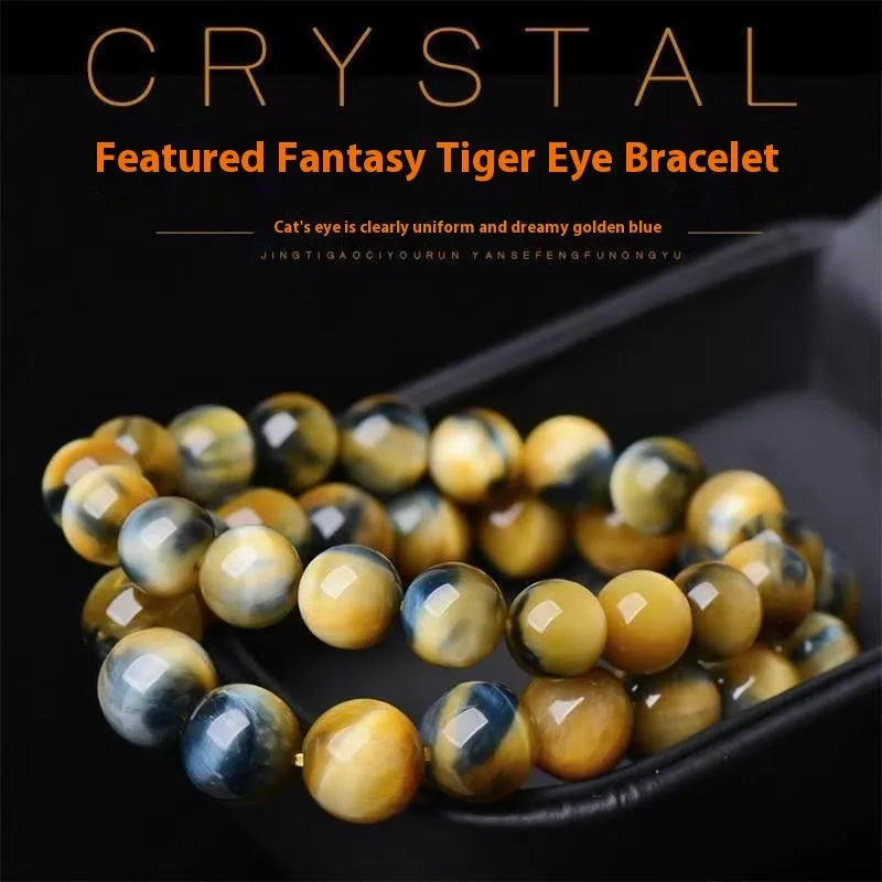 A fantasy tigereye agate bracelet with round beads on a neutral background.