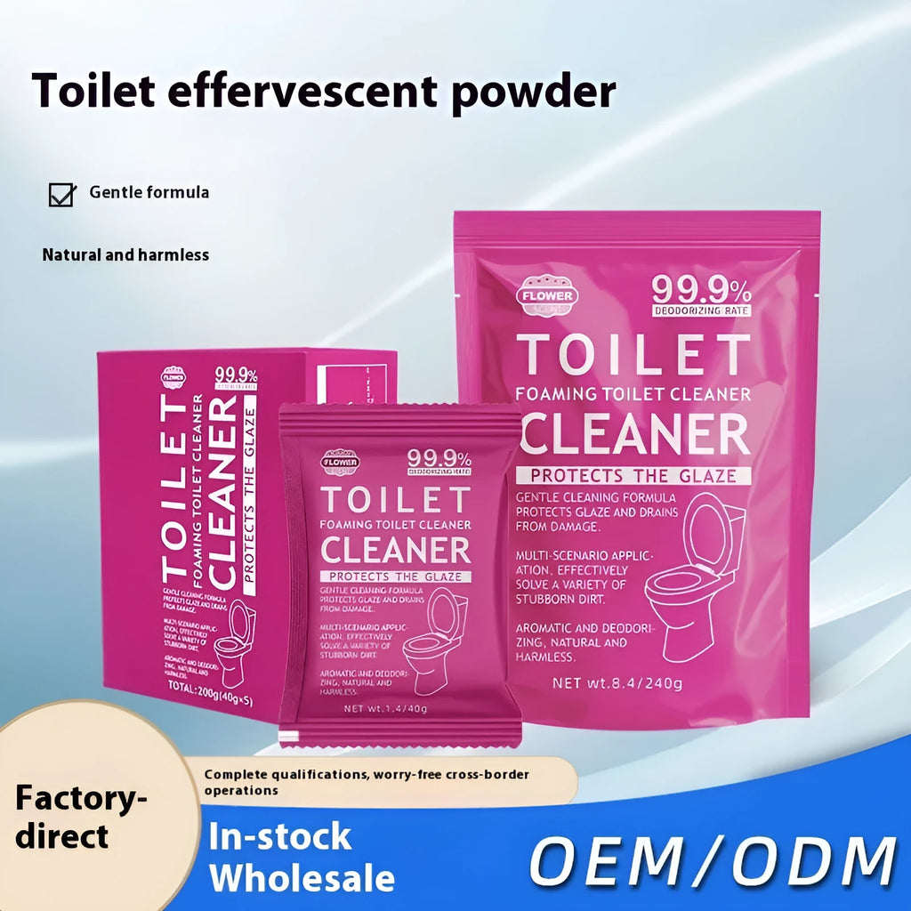 Box and sachets of effervescent toilet bubble cleaning powder in blue ocean and pink floral fragrance options