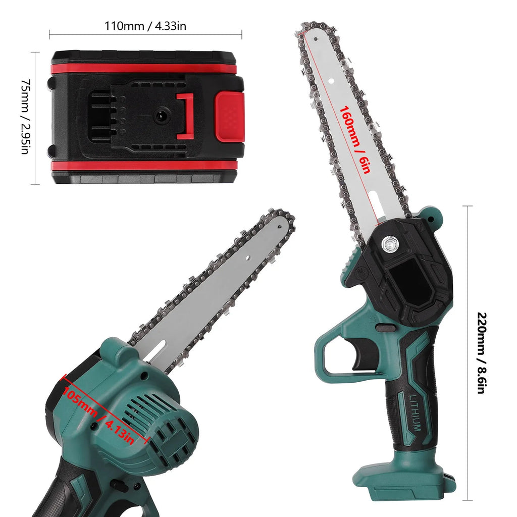 Black mini electric chainsaw with 4-inch guide bar held in one hand