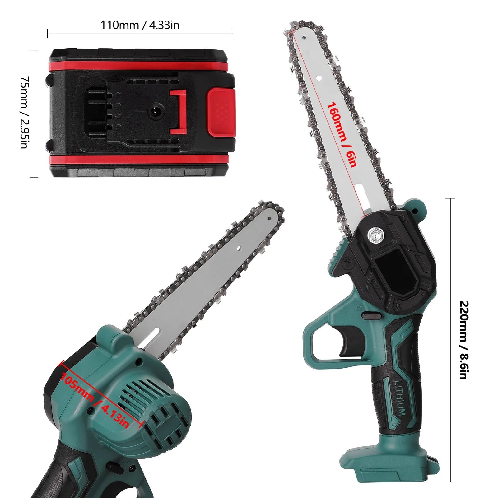 Black mini electric chainsaw with 4-inch guide bar held in one hand