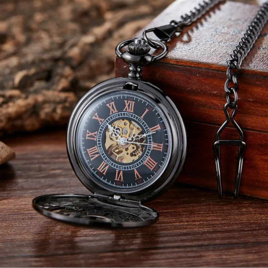 Retro hollow automatic pocket watch with large floral print dial on an alloy strap.