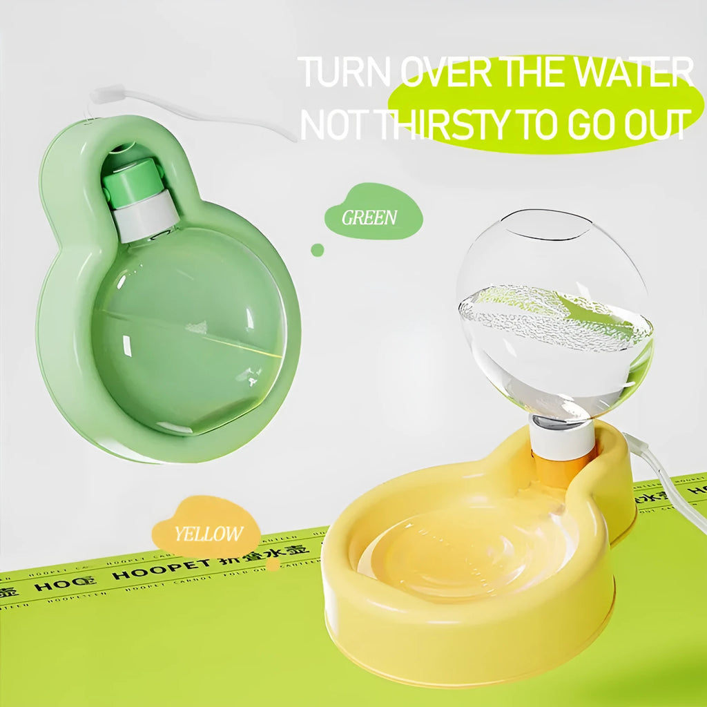 Green portable dog travel cup with pull-out drinking bowl and handle, shown with orange and yellow colour options.