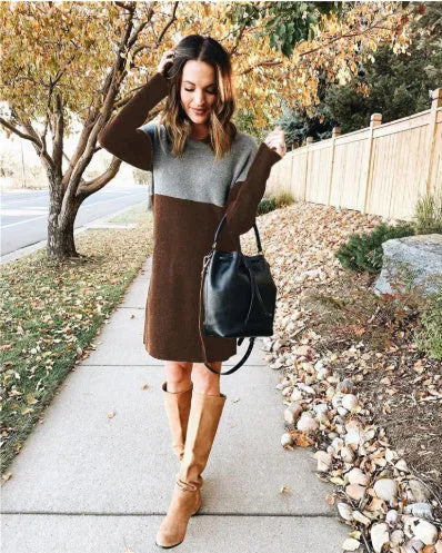 Brown women's polar fleece dress with patchwork collar detail and long sleeves