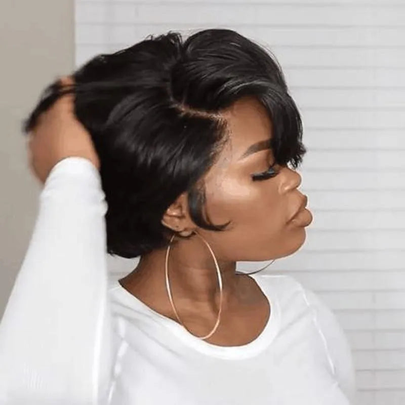 Black short bob wig with lace frontal, high temperature wire, shown for changing hairstyle
