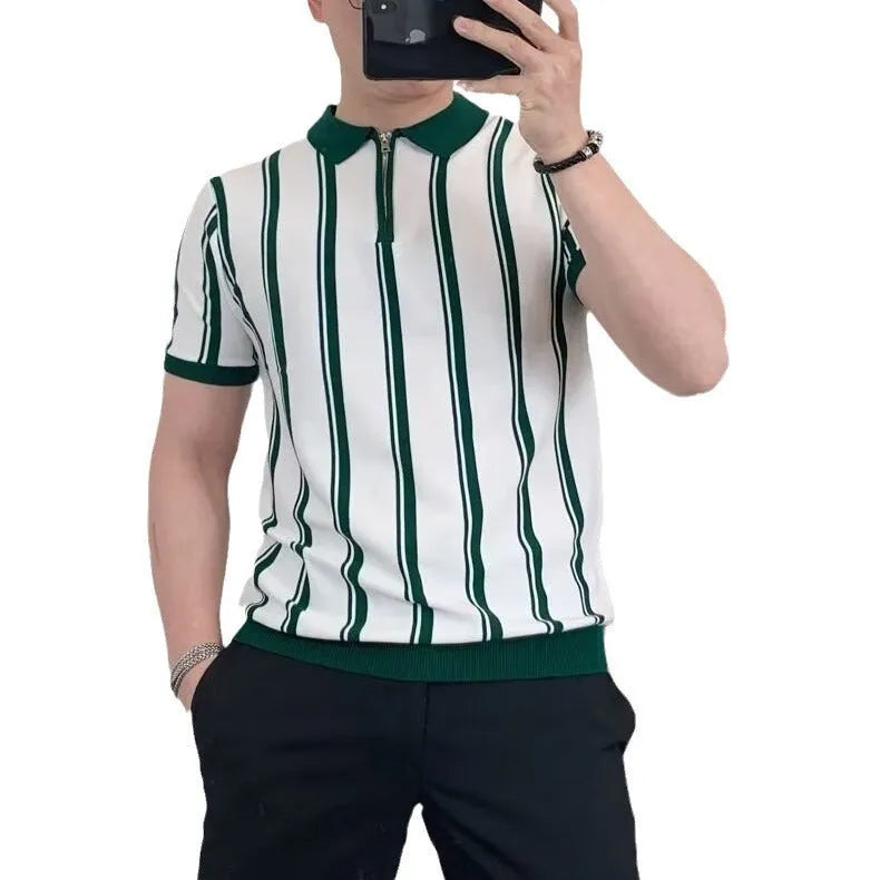 Korean style vintage stripe personality zipper half-sleeved T-shirt for men in black and white loose fit