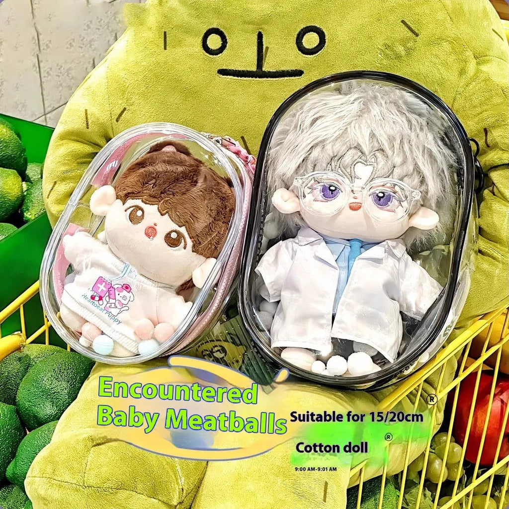 Clear PVC cube storage bag with keychain in avocado green, showing its cube shape and size.