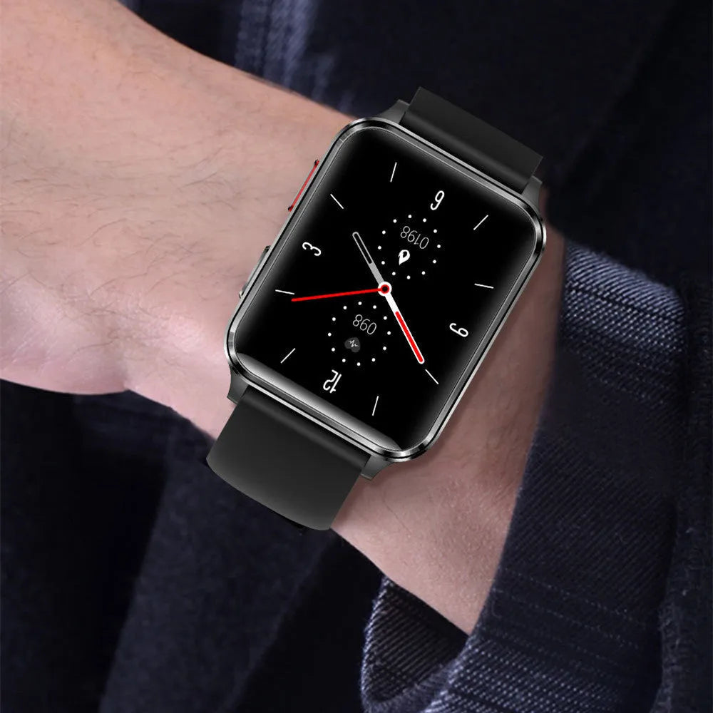 Blue multi-sport smart watch with 1.7-inch tempered glass screen and silicone wristband on wrist