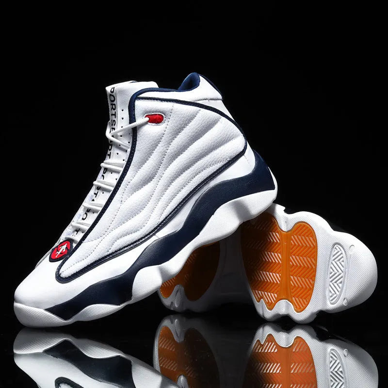 High-top basketball shoes in AJ13 white red colourway with mesh upper and rubber sole