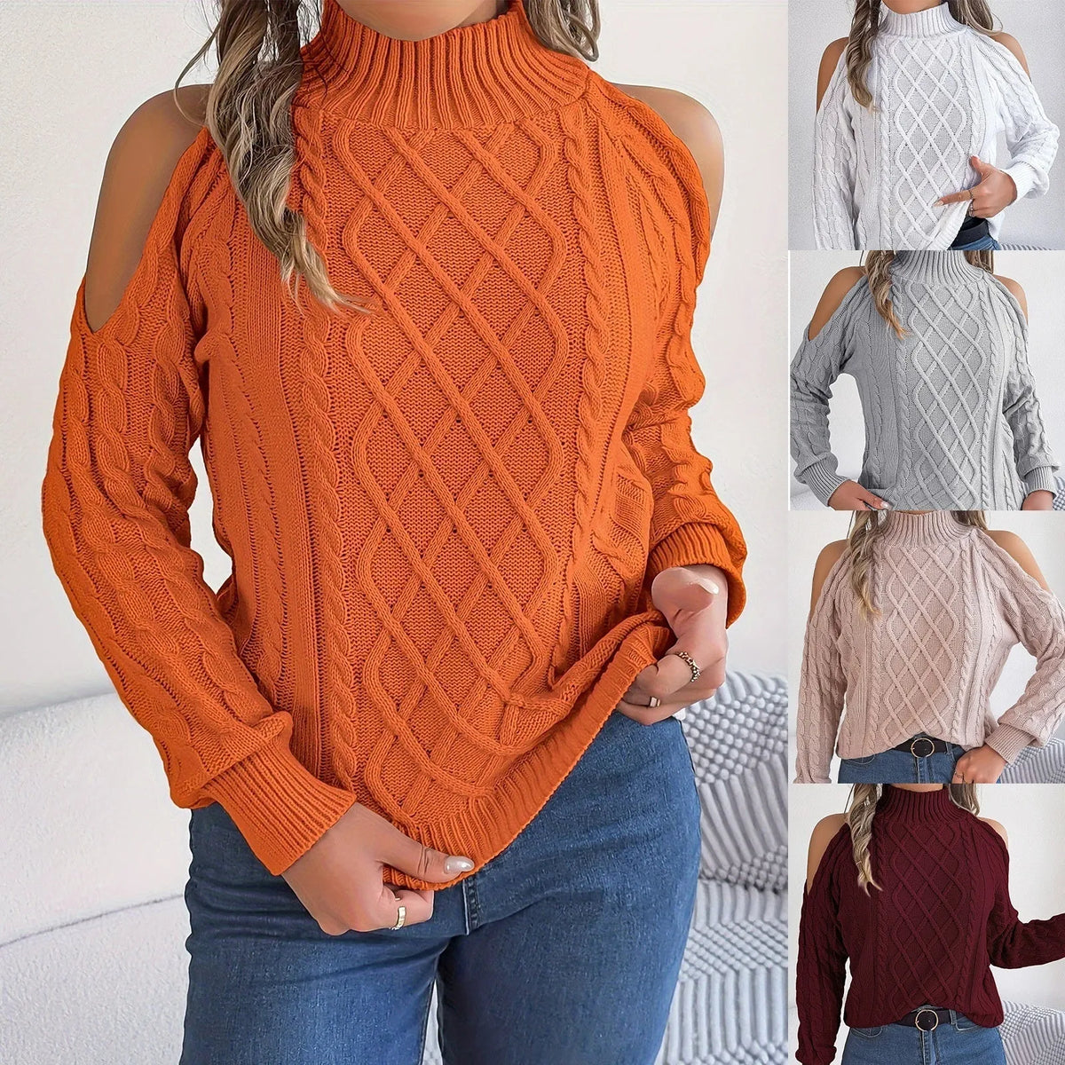 Women's grey twisted pattern pullover sweater with lantern sleeves and a half-high collar.
