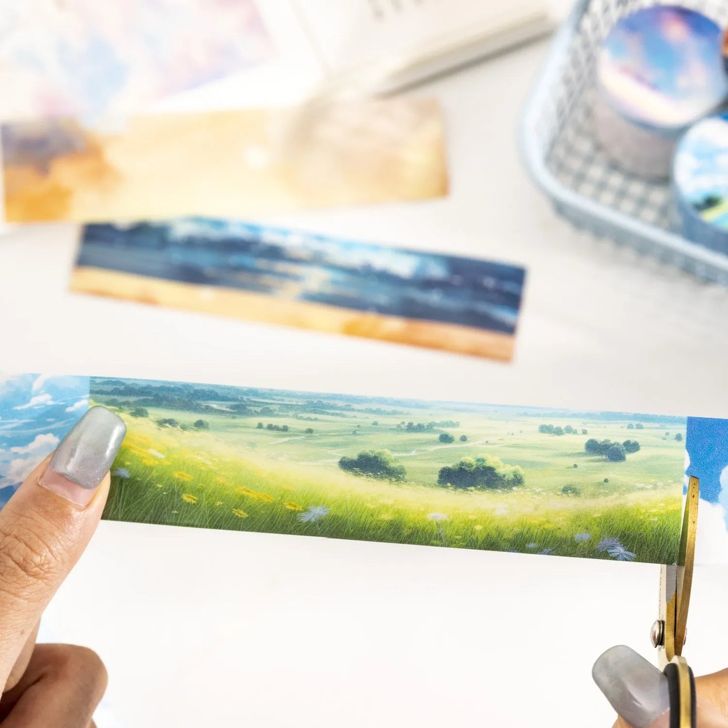 Japanese paper washi tape roll with sky theme designs including colourful clouds and twilight