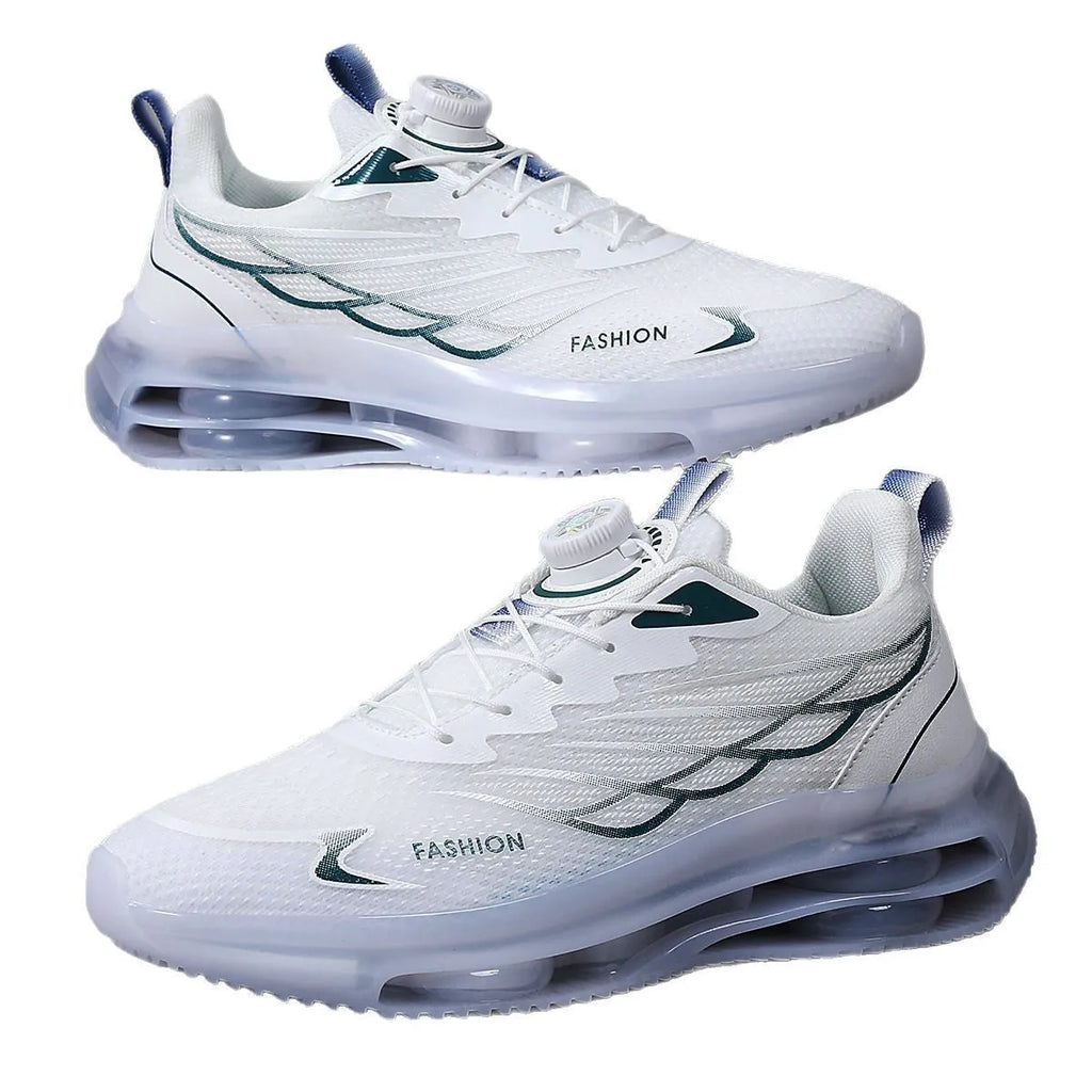 White men's low-top casual sneakers with rotating button on lace-up front and mesh upper.