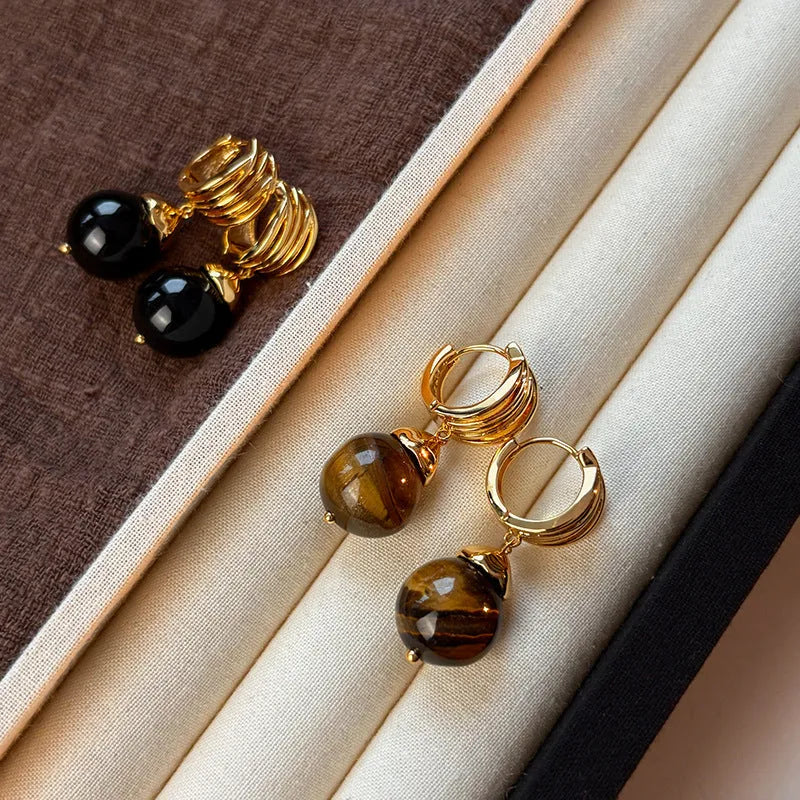 Tigereye stone geometry earrings with gold plating in brown and black French retro style