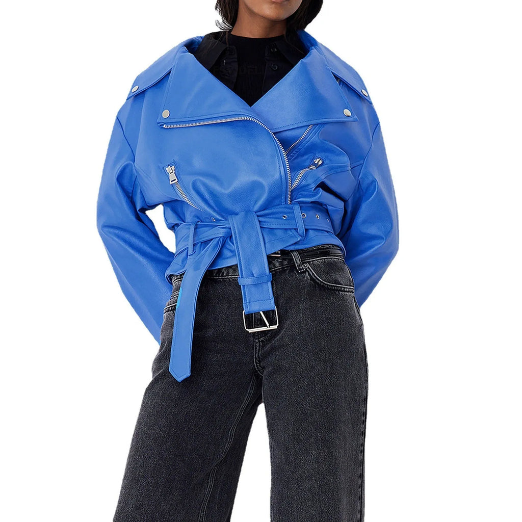 Punk short belt lapel locomotive style jacket in black polyester for street fashion