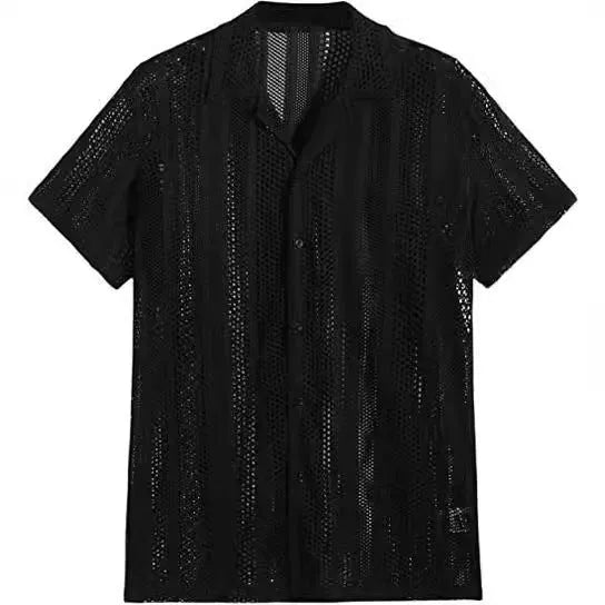 Men's black knitted short-sleeve button-up shirt with a cardigan style and Jacquard texture on a hanger.