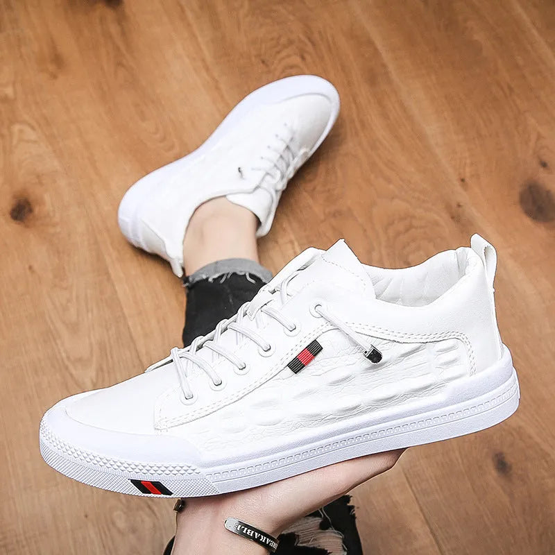 White men's round-toe casual sneakers with lace-up design and flat heel