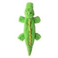 Green crocodile dog toy with no stuffing, squeaker in head and crinkle paper in tail