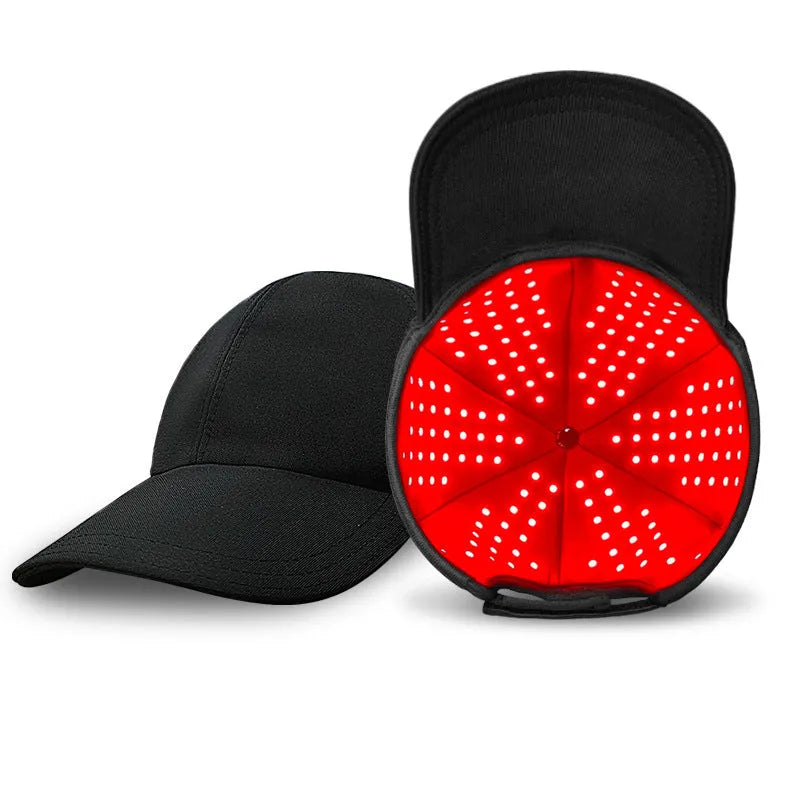 Black infrared hair growth peaked cap with 180 LED lights and controller for scalp light therapy treatment