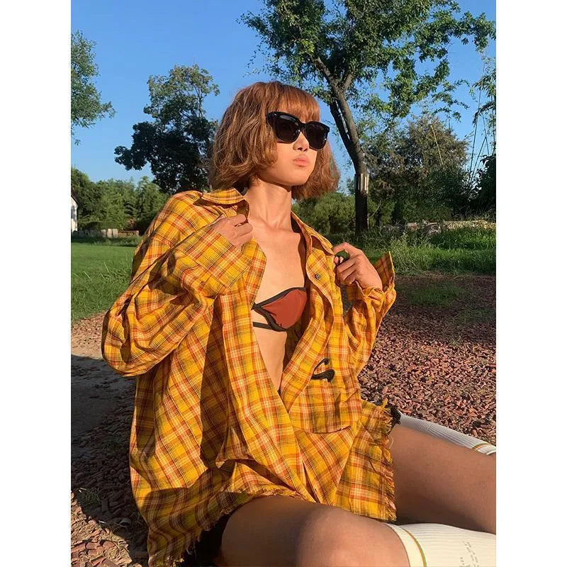 Original American dopamine yellow plaid shirt with loose fit cardigan style for youth leisure wear