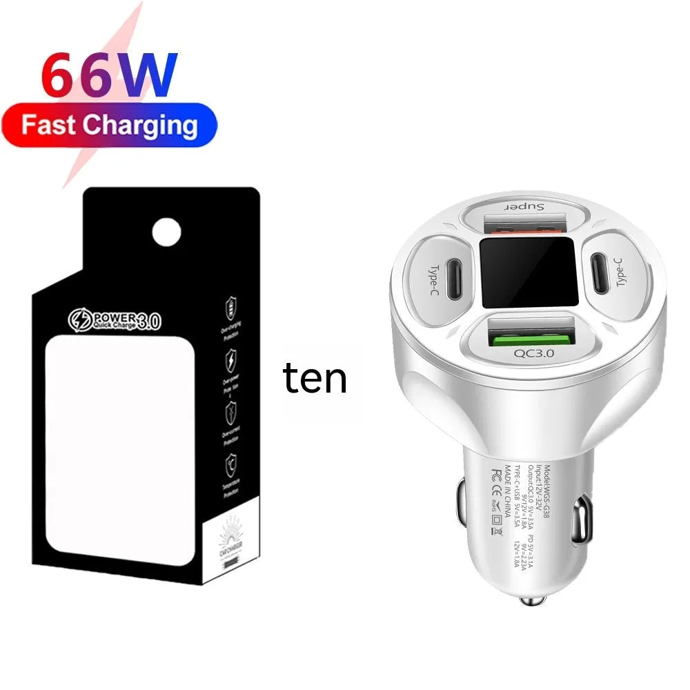 66W digital display car charger with two USB and two Type-C ports showing voltage readout