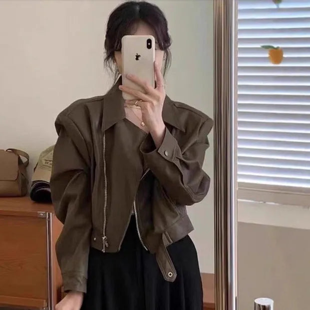 Women's brown retro imitation leather jacket with slim fit and pocket detailing