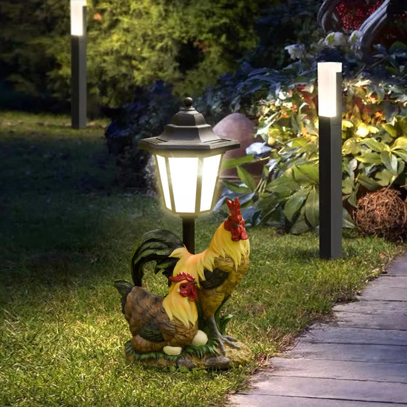 Hexagonal solar garden lamp with American country design, available as bird flowerpot or animal figurine.