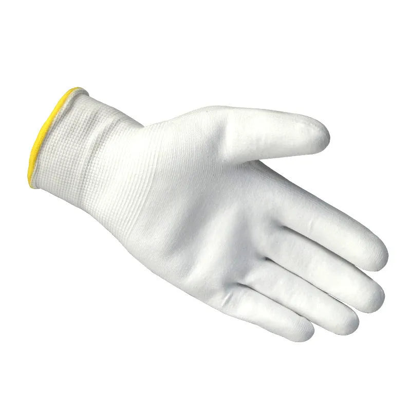 White PU coated labor gloves in size L and M, sold as a 10 pair pack for workshop use