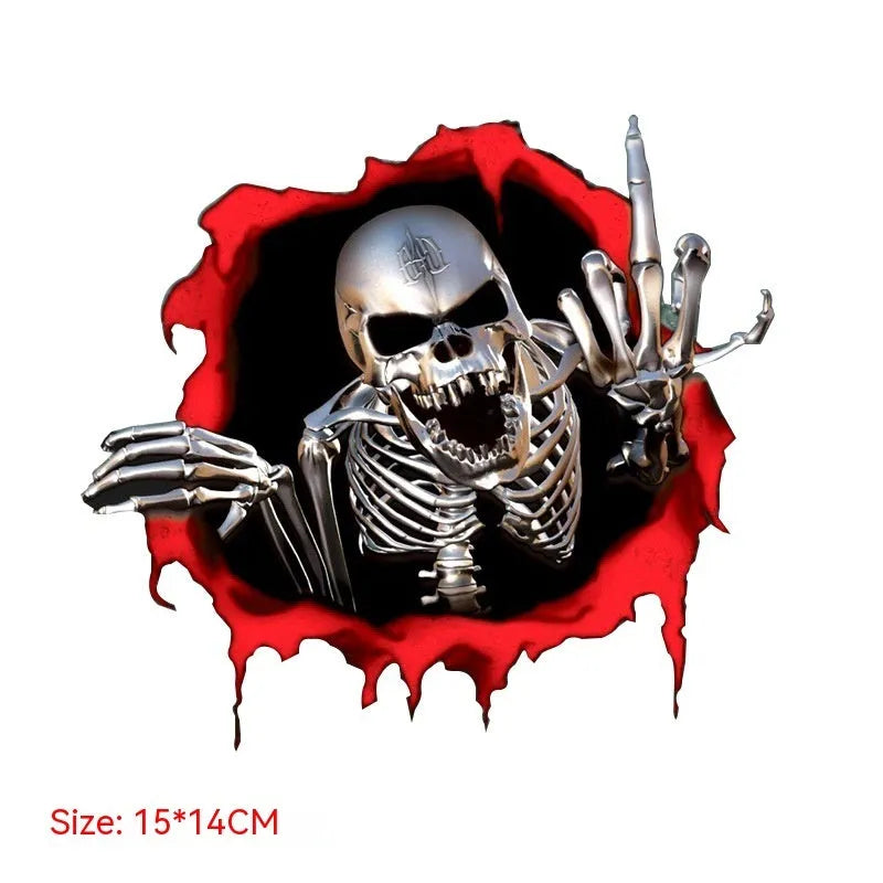 Reflective colourful broken shell metal skull car sticker on PET material, size 15x14cm.