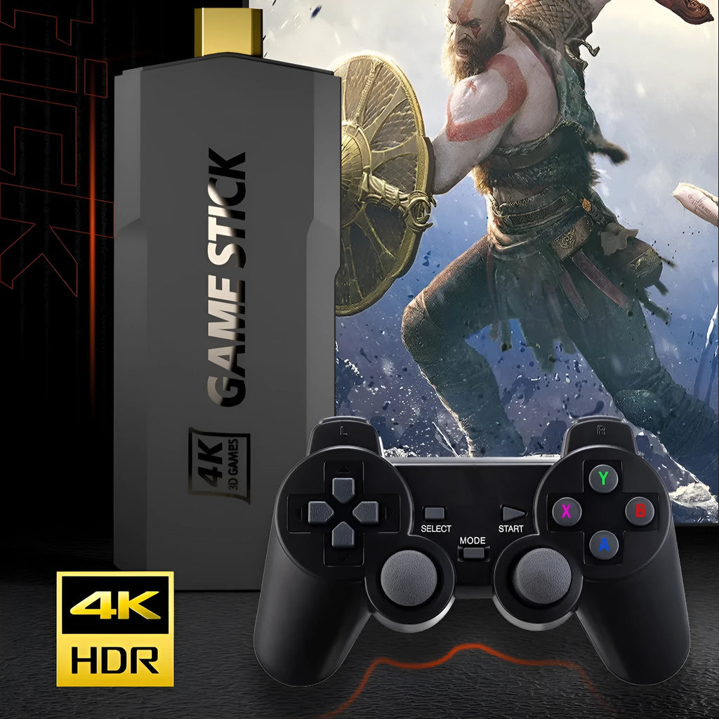 HD home TV game console with wireless controller on television stand showing HDMI connection