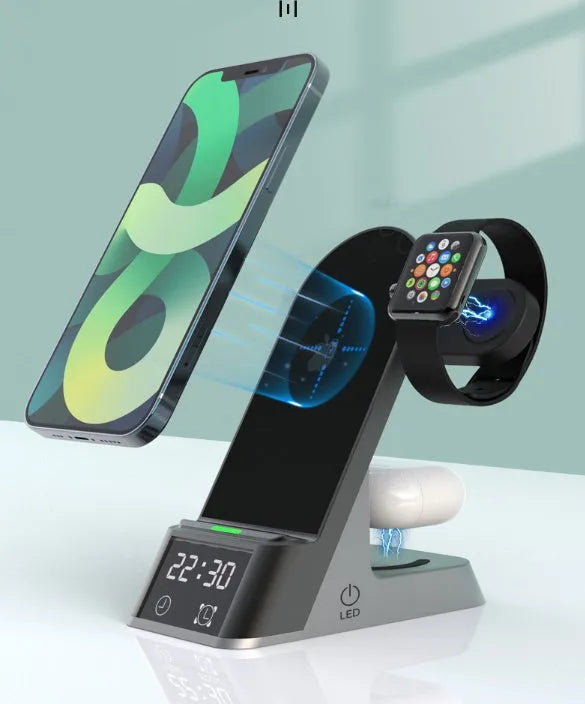 Black multifunctional wireless charging alarm clock with phone, watch, and earphone charging pads