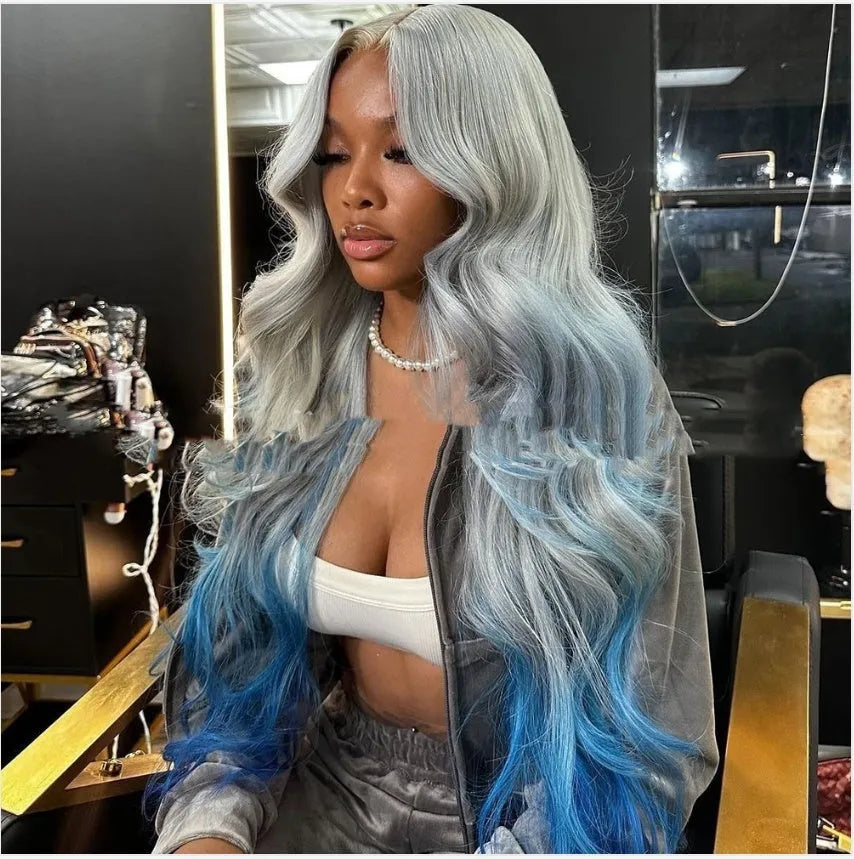 Women's grey to blue gradient human hair lace front wig in Ruili style on a mannequin head