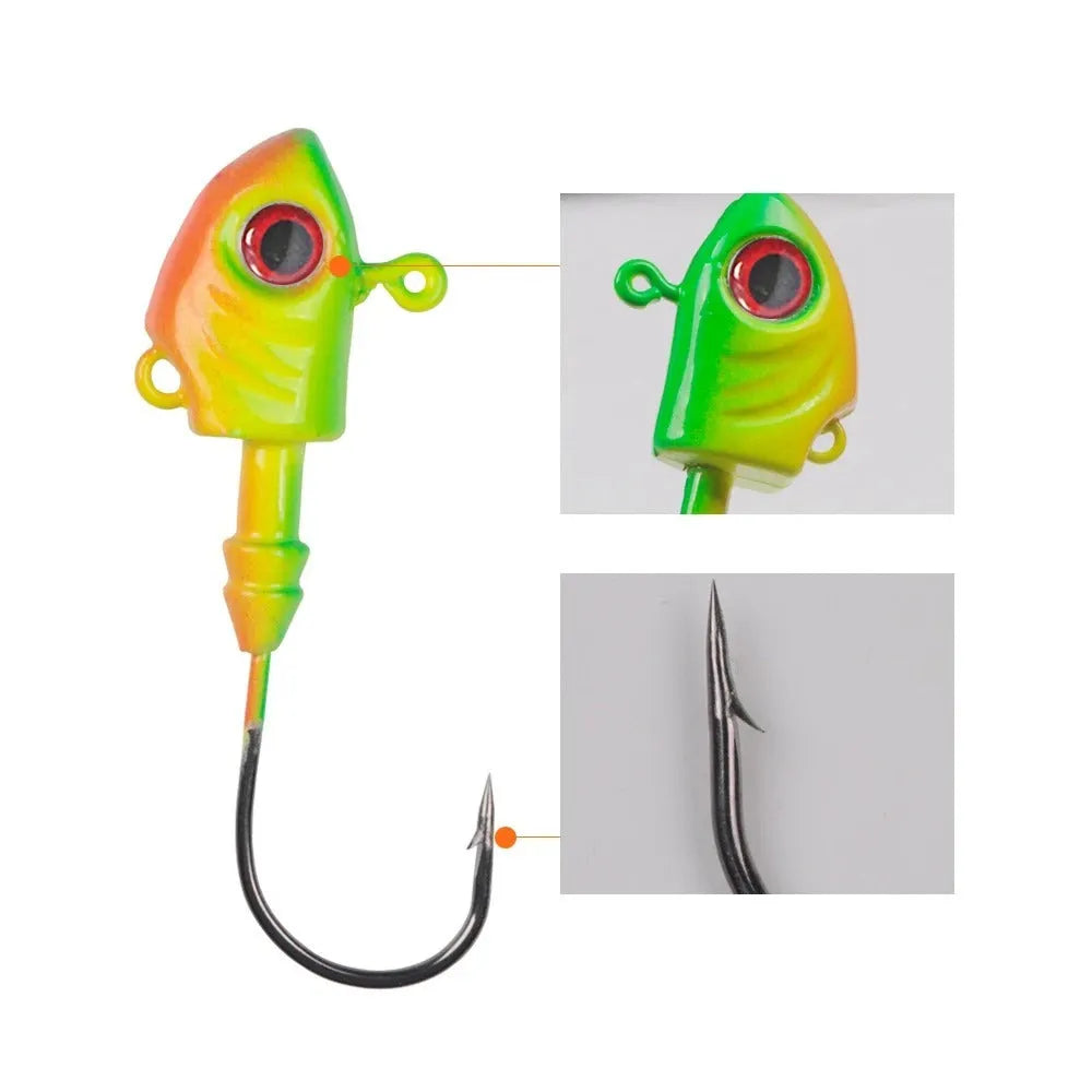 Simulation Yayu shaped lead head fishing hook lures in blue, silver, and yellow colour options.