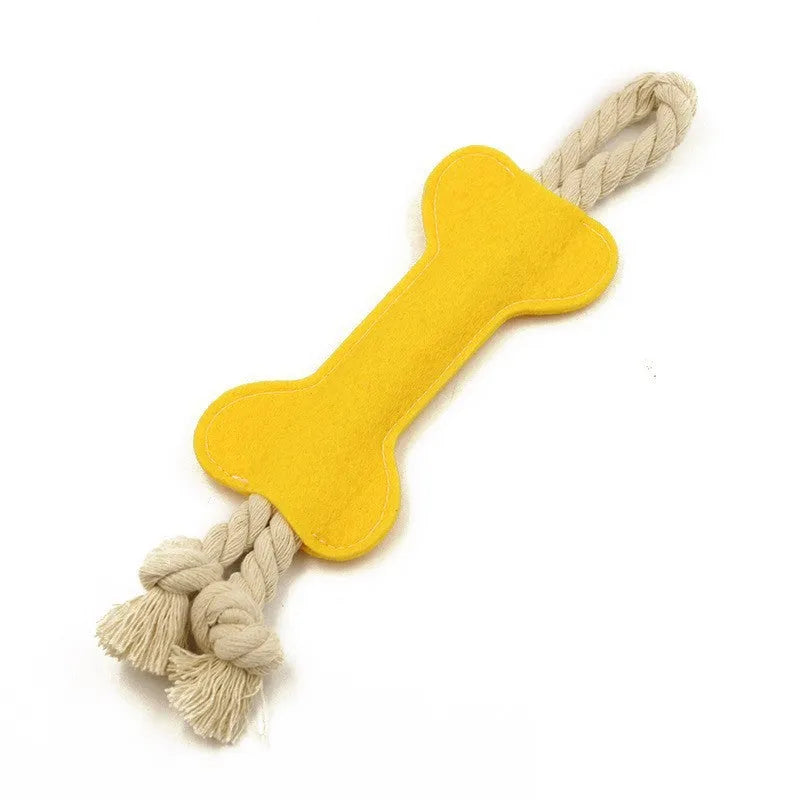 Bone shaped dog chew toy with rope knot construction in blue colour on white background