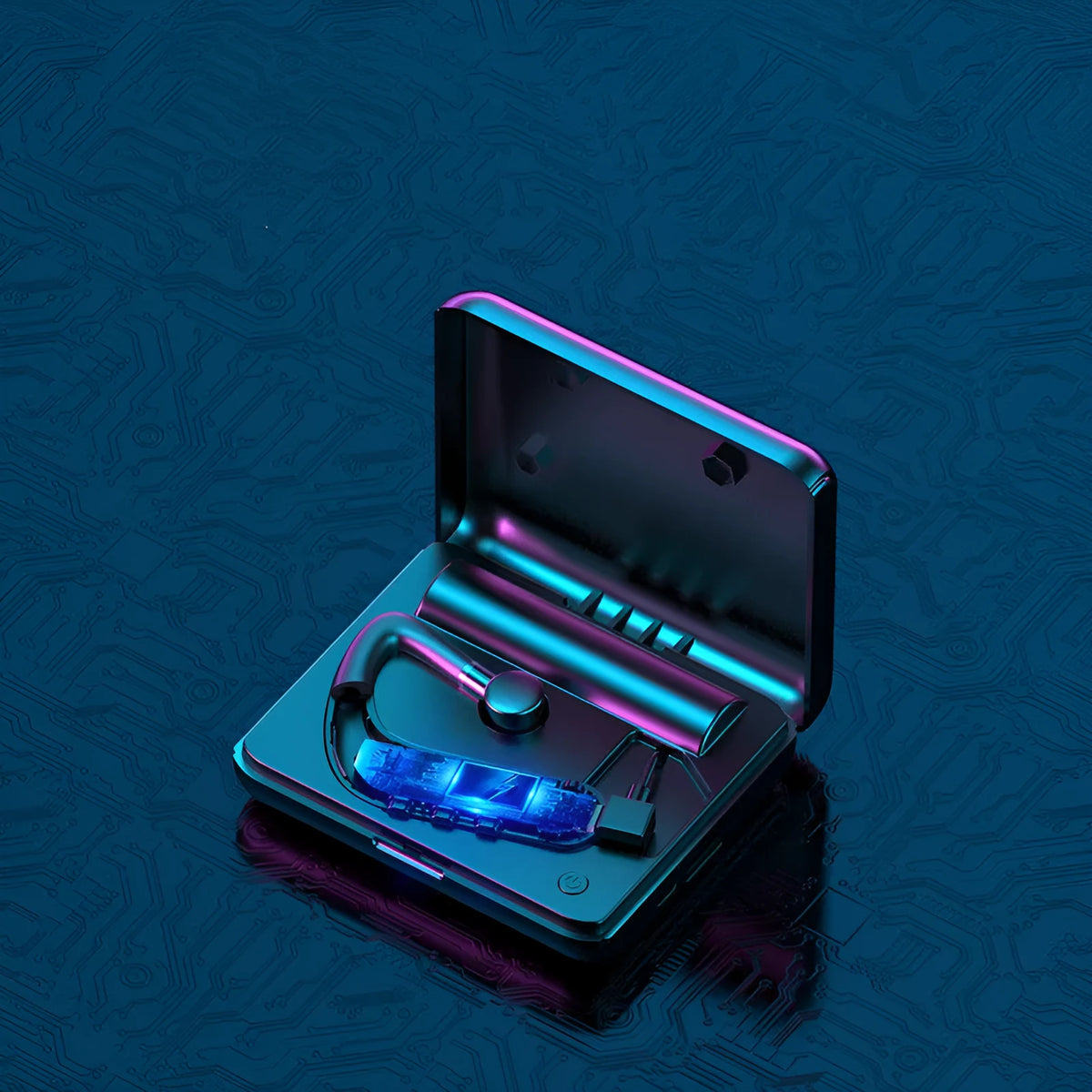 Black Bluetooth earphones with hanging ear design shown with three different sized silicone ear caps